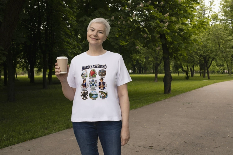 Koszulka damska Baro Kaszëbskò z symbolami Kaszub.