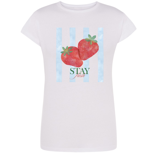 Biała koszulka damska Stay Fresh z truskawkami.