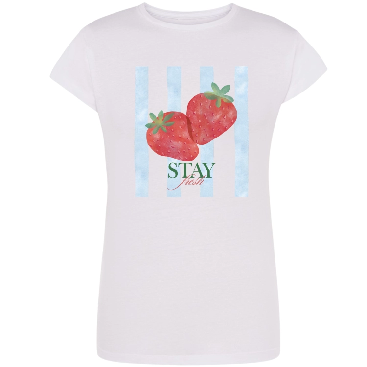 Biała koszulka damska Stay Fresh z truskawkami.