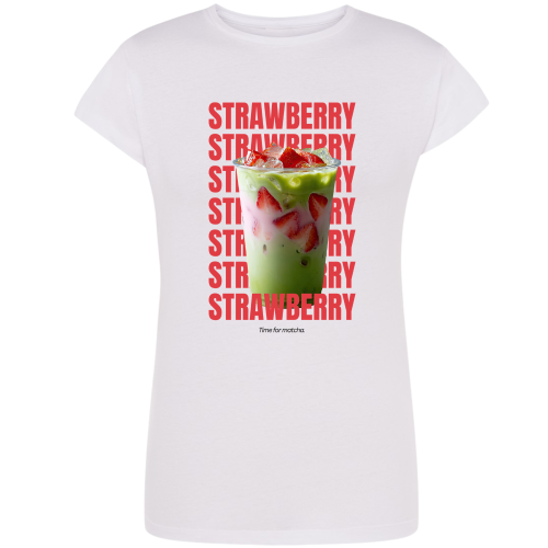 Koszulka damska Strawberry Matcha z napojem i truskawkami.