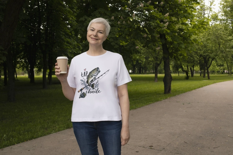 Koszulka damska Łap chwilę z rybą i wędką.