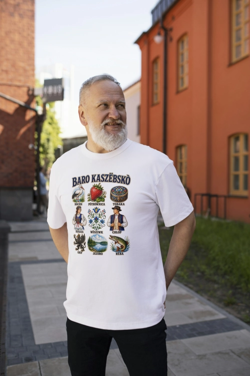 Męska koszulka BARO KASZËBSKÒ z symbolami Kaszub i haftem kaszubskim.