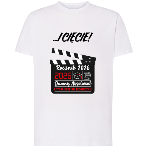 Koszulka Absolwent 2026 z filmowym klapsem i napisem Dumny Absolwent Uczelni Technicznej.