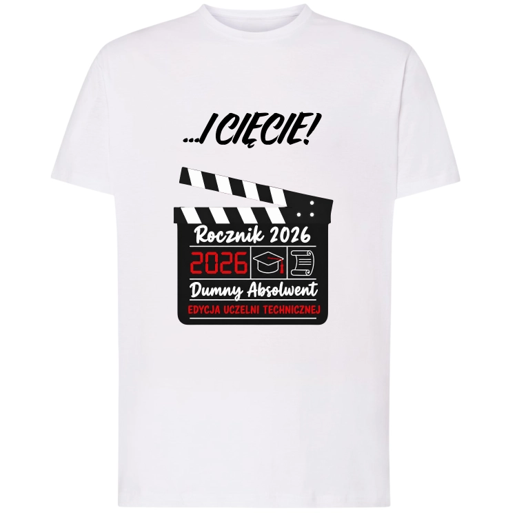 Koszulka Absolwent 2026 z filmowym klapsem i napisem Dumny Absolwent Uczelni Technicznej.