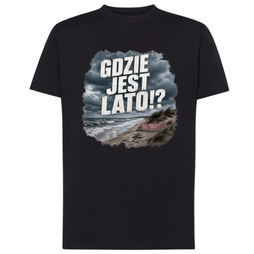Koszulka z napisem „Gdzie jest lato!?” i burzowym krajobrazem nad polskim morzem.