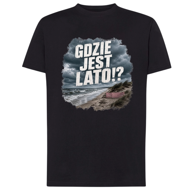 Koszulka z napisem „Gdzie jest lato!?” i burzowym krajobrazem nad polskim morzem.