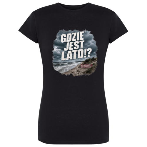 Koszulka z napisem „Gdzie jest lato!?” i burzowym krajobrazem nad polskim morzem.