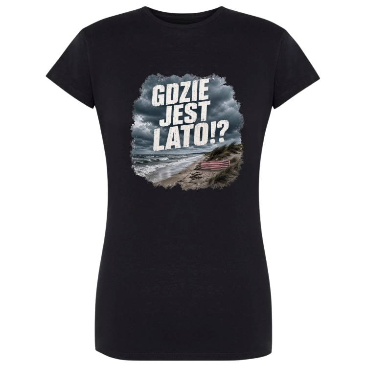 Koszulka z napisem „Gdzie jest lato!?” i burzowym krajobrazem nad polskim morzem.
