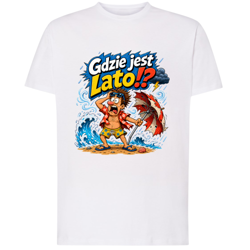 Śmieszna koszulka Gdzie jest lato!? z komiksowym plażowiczem podczas burzy.