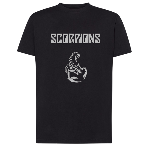 Koszulka z napisem Scorpions i minimalistycznym symbolem skorpiona.