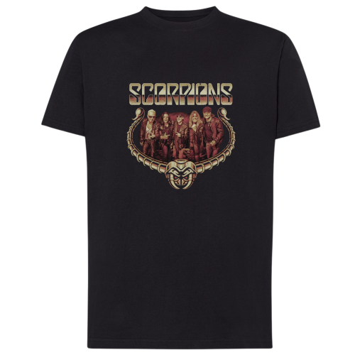 Koszulka Scorpions z grafiką zespołu i motywem skorpiona.