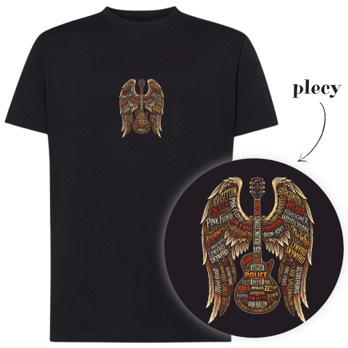 Koszulka z gitarą i skrzydłami utworzonymi z nazw legendarnych zespołów rockowych.