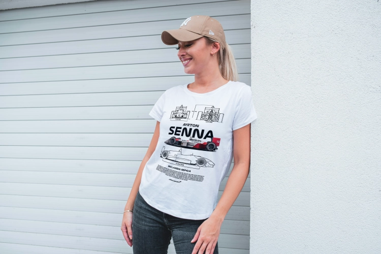 Koszulka Ayrton Senna McLaren MP4/4 Formula 1 blueprint biała