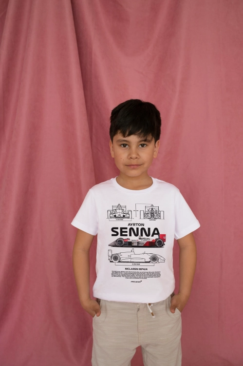 Koszulka Ayrton Senna McLaren MP4/4 Formula 1 blueprint biała