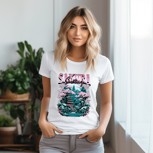 Grafika Sakura Sanctuary z japońską świątynią i różowymi kwiatami wiśni na koszulkę