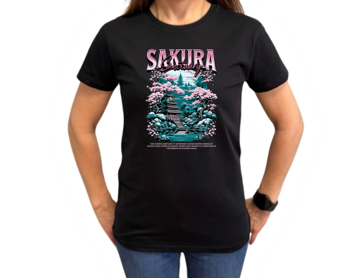 Grafika Sakura Sanctuary z japońską świątynią i różowymi kwiatami wiśni na koszulkę
