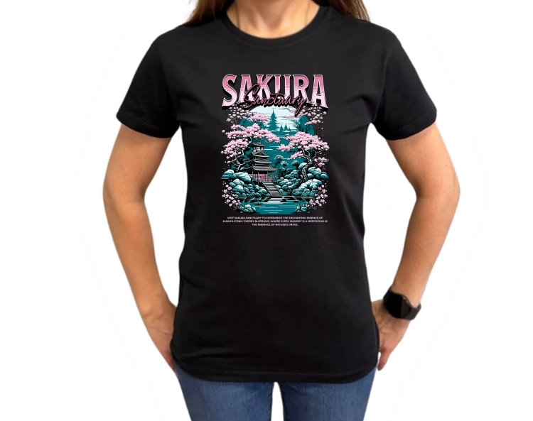 Grafika Sakura Sanctuary z japońską świątynią i różowymi kwiatami wiśni na koszulkę