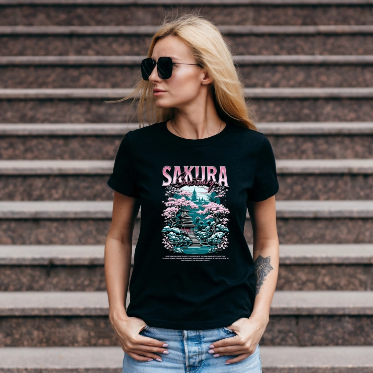 Grafika Sakura Sanctuary z japońską świątynią i różowymi kwiatami wiśni na koszulkę