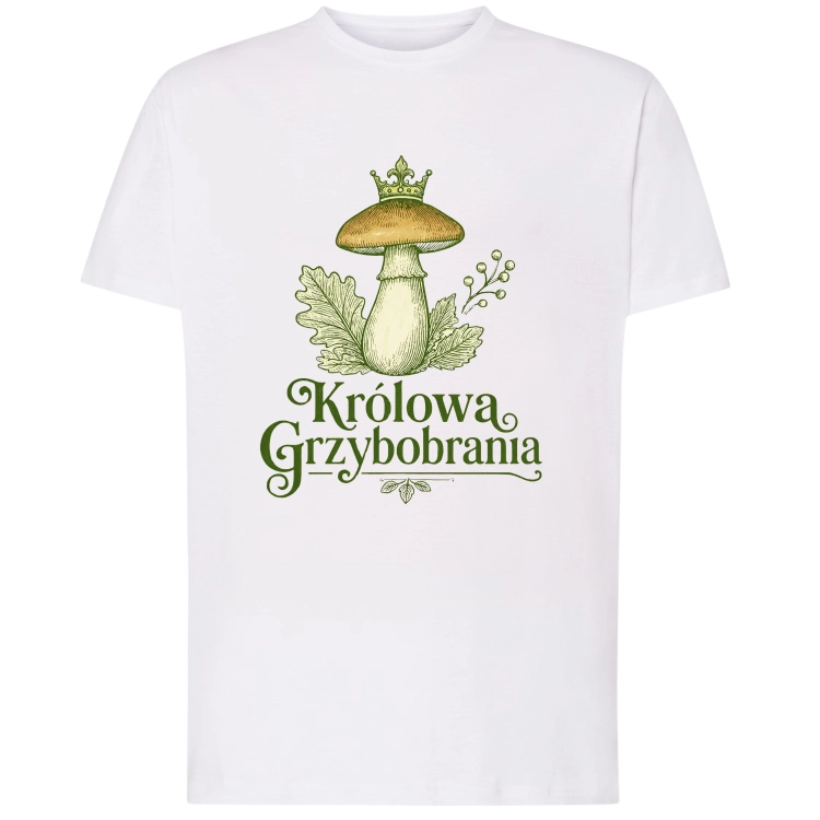 Koszulka damska Królowa Grzybobrania biała z grzybem – koszulka dla grzybiarki