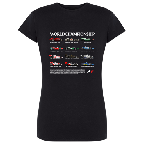 Czarna koszulka damska World Championship z historią bolidów wyścigowych F1