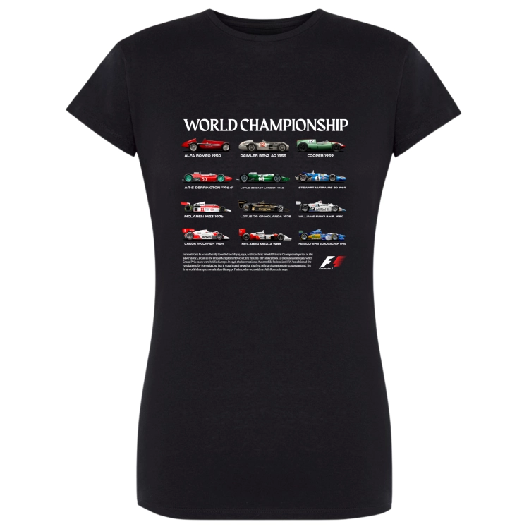 Czarna koszulka damska World Championship z historią bolidów wyścigowych F1