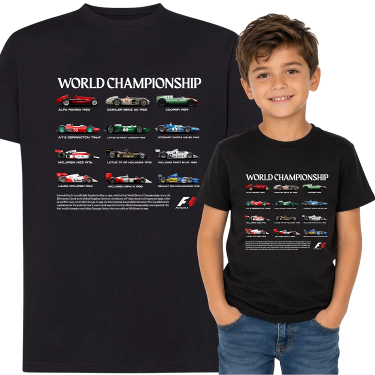 Koszulka dziecięca World Championship czarna z bolidami Formuły 1