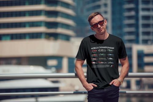 Koszulka męska World Championship czarna historia bolidów F1 Formuła 1
