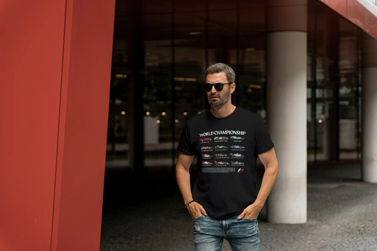 Koszulka męska World Championship czarna historia bolidów F1 Formuła 1