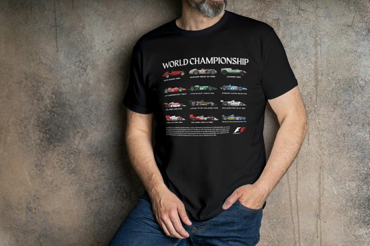 Koszulka męska World Championship czarna historia bolidów F1 Formuła 1