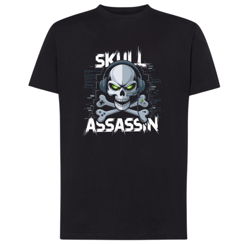 Czarna koszulka męska Skill Assassin z czaszką i gamingowym nadrukiem dla gracza