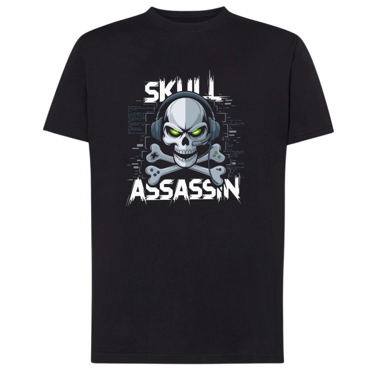 Czarna koszulka męska Skill Assassin z czaszką i gamingowym nadrukiem dla gracza