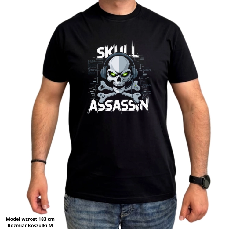 Czarna koszulka męska Skill Assassin z czaszką i gamingowym nadrukiem dla gracza