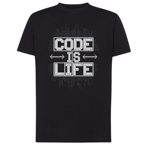 Czarna koszulka męska programisty Code Is Life z kodem binarnym
