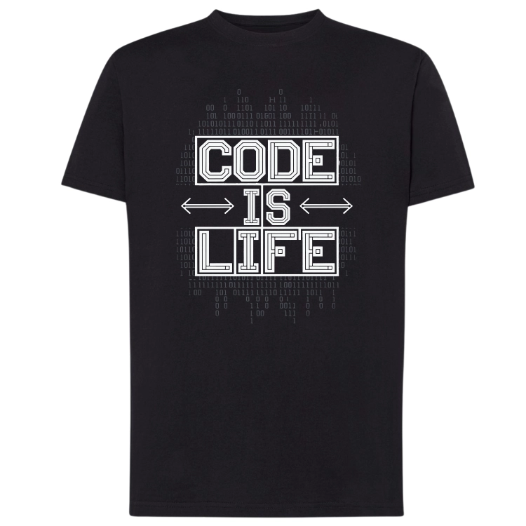 Czarna koszulka męska programisty Code Is Life z kodem binarnym