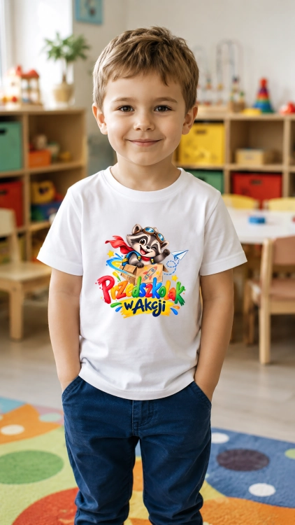 Przedszkolak w Akcji szop kolorowa grafika na koszulkę na Dzień Przedszkolaka