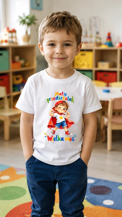 Mały Przedszkolak Wielka Moc – grafika z chłopcem superbohaterem na Dzień Przedszkolaka