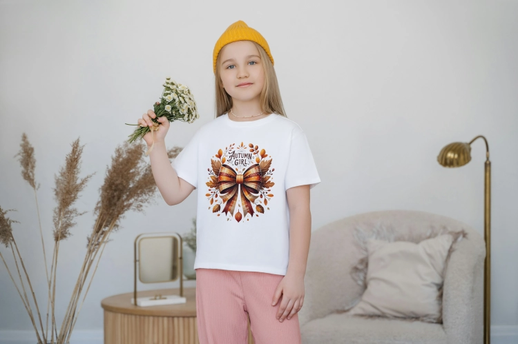 Biała koszulka jesienna dla dziewczynki Autumn Girl z kokardą i liśćmi