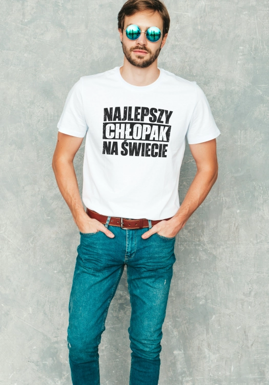 Biała koszulka Najlepszy Chłopak na Świecie prezent dla chłopaka na Dzień Chłopaka