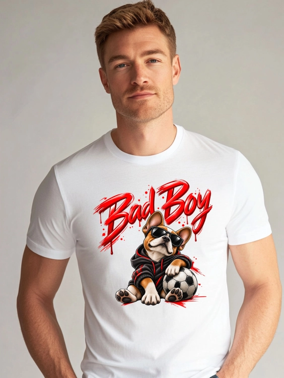 Koszulka męska na Dzień Chłopaka Bad Boy z psem w okularach i piłką nożną