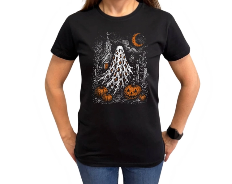 Koszulka na Halloween z duchem, dyniami, księżycem i nawiedzonym kościołem – mroczna grafika