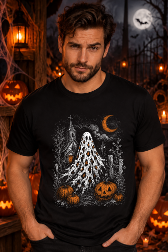 Koszulka na Halloween z duchem, dyniami, księżycem i nawiedzonym kościołem – mroczna grafika
