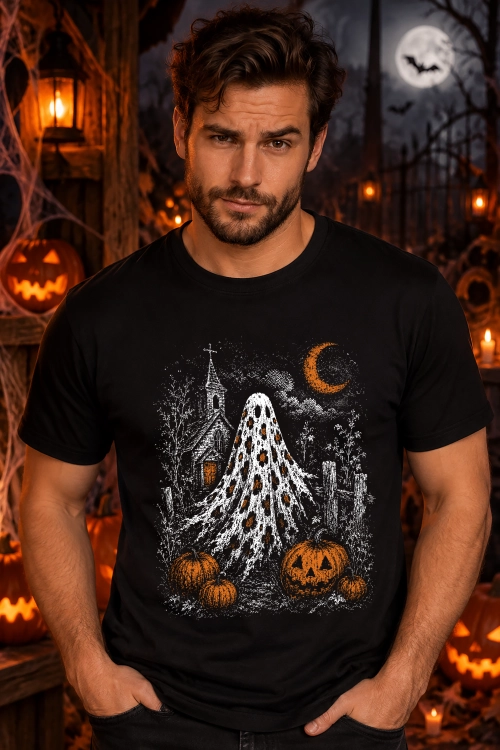 Koszulka na Halloween z duchem, dyniami, księżycem i nawiedzonym kościołem – mroczna grafika