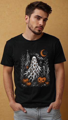 Koszulka na Halloween z duchem, dyniami, księżycem i nawiedzonym kościołem – mroczna grafika