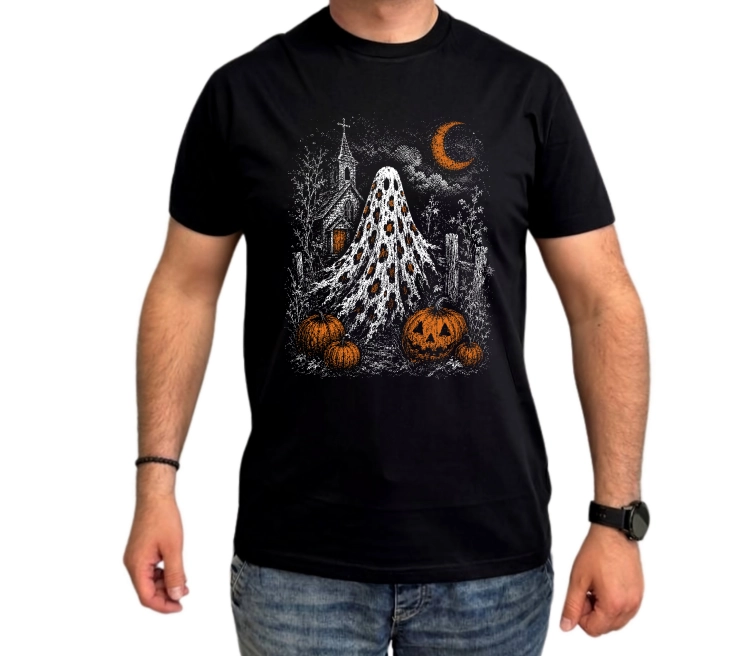 Koszulka na Halloween z duchem, dyniami, księżycem i nawiedzonym kościołem – mroczna grafika
