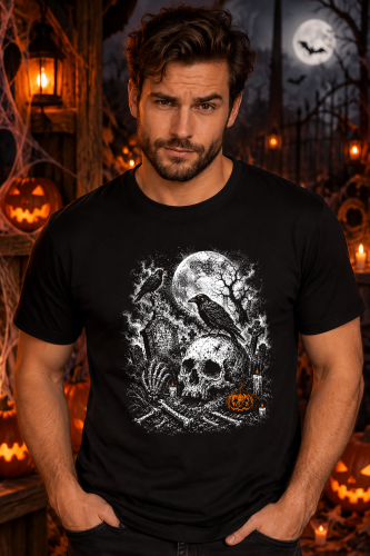 Koszulka na Halloween z czaszką, krukami, dynią i cmentarzem – mroczna grafika horror