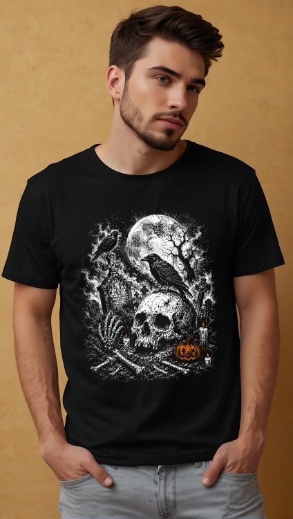 Koszulka na Halloween z czaszką, krukami, dynią i cmentarzem – mroczna grafika horror