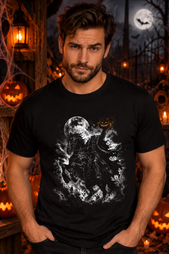 Koszulka na Halloween z Jeźdźcem Bez Głowy na koniu, dynią i księżycem
