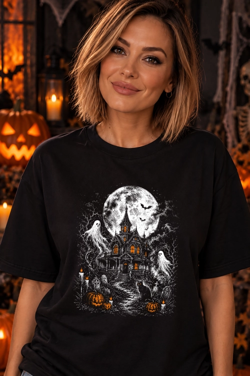 Koszulka na Halloween z nawiedzonym domem, duchami, dyniami i nietoperzami