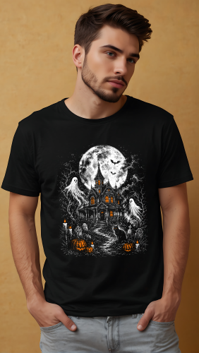 2Koszulka na Halloween z nawiedzonym domem, duchami, dyniami i nietoperzami