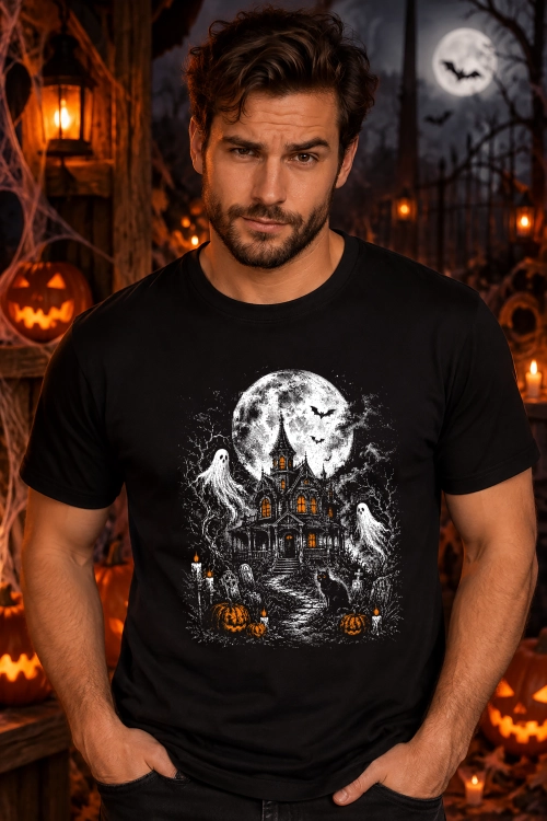Koszulka na Halloween z nawiedzonym domem, duchami, dyniami i nietoperzami